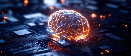 A glowing processor embedded in a human brain, symbolizing the integration of machine learning and big data with human cognition in technological evolution