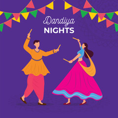 Vector dandiya night dancing couple at navratri happy navratri festival