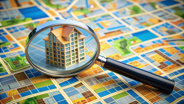 Lupa enfocando un edificio alto en un mapa, simbolizando la b&uacute;squeda de inmuebles en la ciudad.