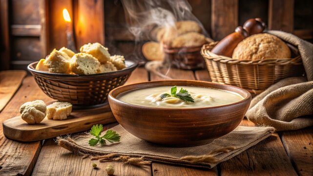 Sopa crema de coliflor servida con crutones y acompa&ntilde;ada de pan fresco en un ambiente r&uacute;stico.