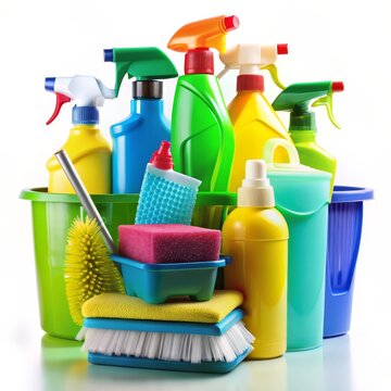 Surtido de productos de limpieza en una cesta azul, incluyendo botellas, esponjas y pa&ntilde;os.