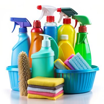Varios productos de limpieza y esponjas organizados en un cesto, listos para su uso.