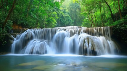 Fototapeta premium The picturesque waterfall gracefully descends over a series of smooth rocks, with the water creating a shimmering veil that reflects