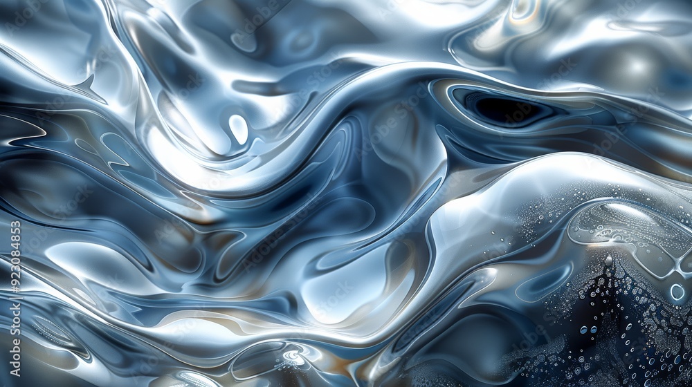 Poster abstract metallic waves reflecting light with a shimmering effect in a cool color palette
