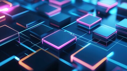 Obraz premium Search engine data flow represented as 3D geometric shapes, in neon colors, Search Engine, data visualization
