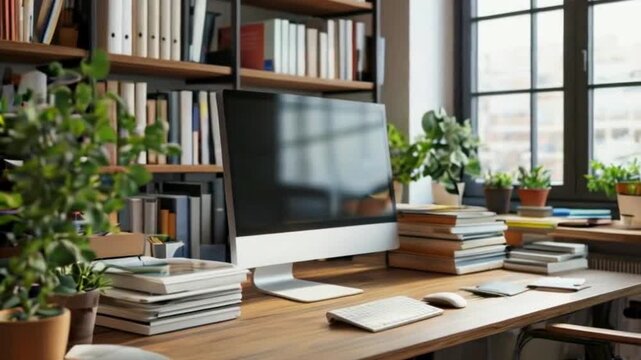 office desk with computer and neatly arranged stacks of books