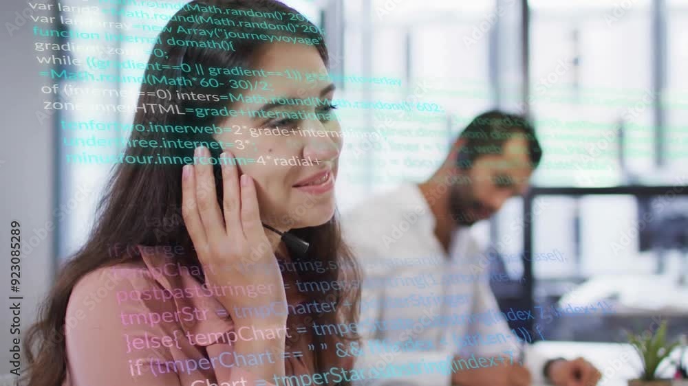 Poster smiling woman on phone with programming code animation over office background