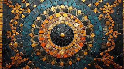 Fototapeta premium Intricate Mosaic Tile Pattern with Floral Motifs and a Central Circle