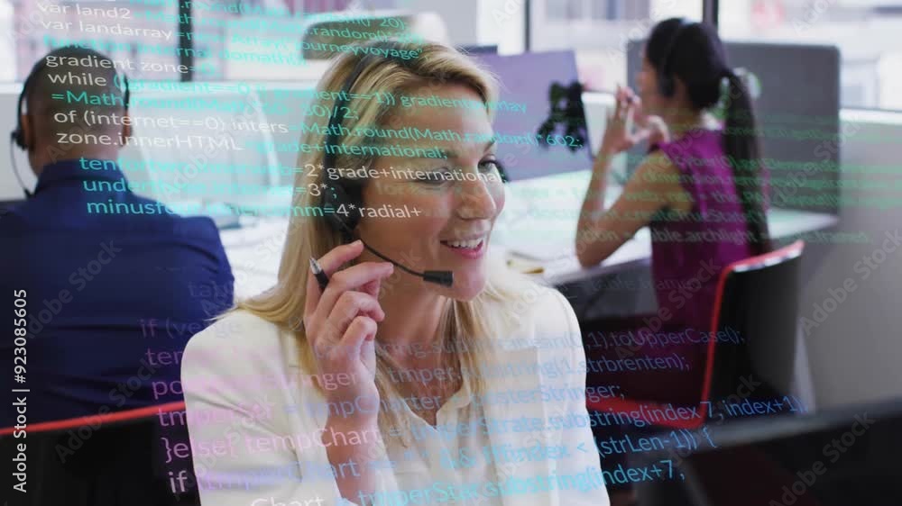 Aufkleber using headset in office, businesswoman with computer code animation in background