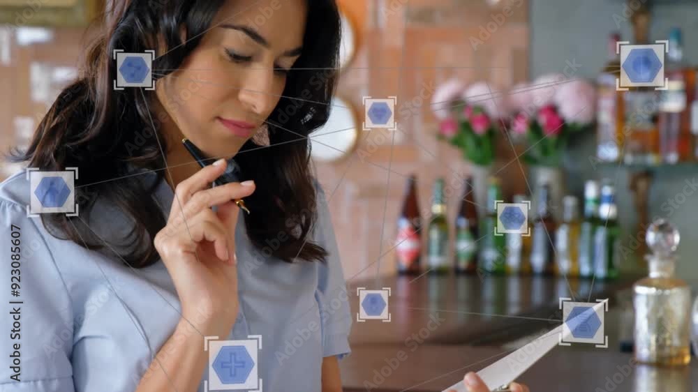 Poster Using smartphone in cafe, woman with network connections and data processing animation