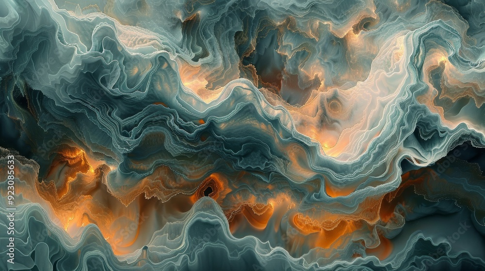 Poster abstract swirling patterns with hints of orange and teal colors in a digital artwork