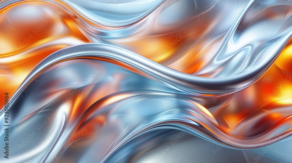 Poster abstract waves of blue and orange light blend seamlessly, creating a dynamic flow of colors and text