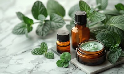 flat lay spa natural organic cosmetic on marble background top view moisturizer cream serum bottles face massage roller eucalyptus leaf face skin care beauty treatment concept.