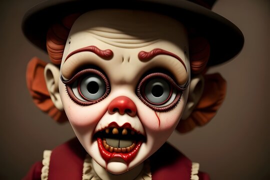 an evil, possessed, killer,  zombie ventriloquist doll, Halloween, haunted, cursed, sinister, eerie, malevolent, wicked, demonic, malevolent, puppet, grotesque, macabre, bloodthirsty, vengeful, unholy