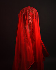 dramatic close up portrait of veiled female model wearing a red silk dress, ornate golden fantasy crown headdress. isolated on a moody dark studio background with silhouette rim lighting