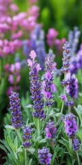 Fototapeta premium Diverse herb garden with blooming lavender, sage, and mint plants, highlighting their rich colors and textures.