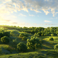 A picturesque countryside landscape with rolling h,
3D rendered A photo of a peaceful countryside with rolling hills golden hour light

