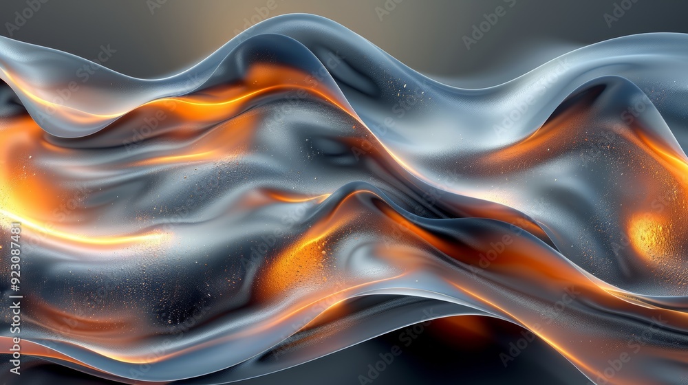 Poster abstract waves of silver and orange fluid texture illuminated with soft light