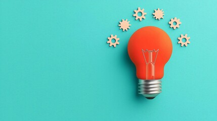 Illustration of an orange light bulb with surrounding gears on a teal background, symbolizing creativity, innovation, and problem-solving.