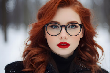Fototapeta premium A woman with red hair and glasses is wearing a black coat and a red lipstick