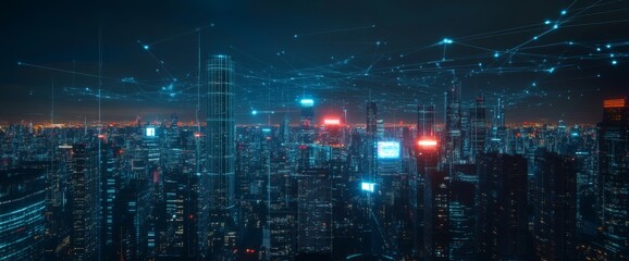 Fototapeta premium Holographic data visualization, a city skyline at night with digital connections and lines in the sky. The digital future of urban technology concept. 