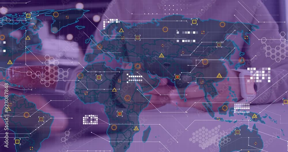 Poster using devices, people with world map data points and network connections animation