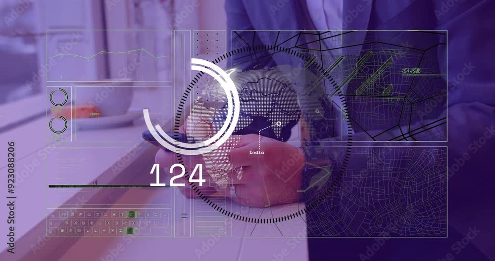 Poster holding smartphone, businessperson with data processing animation over world map