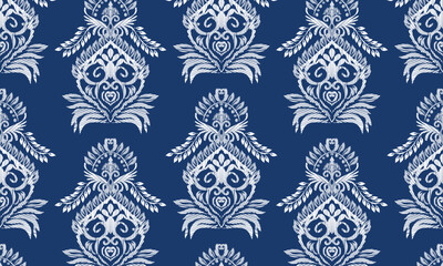 Hand draw Ikat floral paisley embroidery.Ikat ethnic oriental pattern traditional.great for background ,curtain, carpet, wallpaper, clothing, wrapping,batik,clothing or decorations.Vector illustration