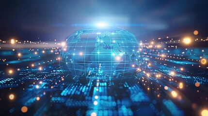 Obraz premium Blue Hologram Globe with World Map and Glowing Data Streams: AI Global Communication Networks, Virtual Reality Simulations, Geospatial Data Visualization, and Interactive Educational Experience