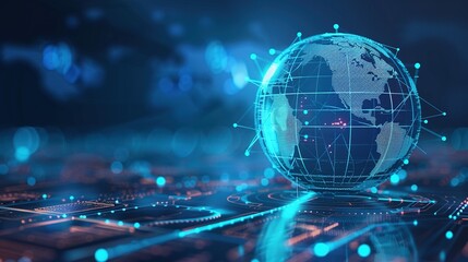 Obraz premium Blue Hologram Globe with World Map and Glowing Data Streams: AI Global Communication Networks, Virtual Reality Simulations, Geospatial Data Visualization, and Interactive Educational Experience