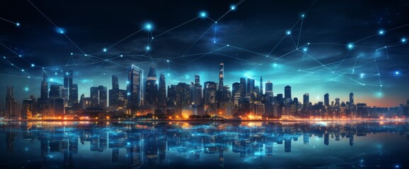 Holographic data visualization, a city skyline at night with digital connections and lines in the sky. The digital future of urban technology concept. 