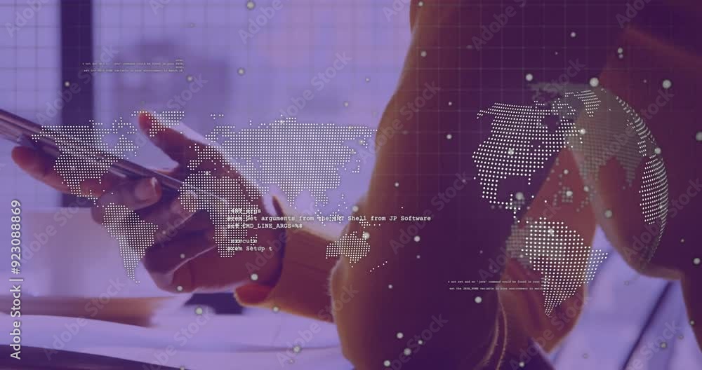 Poster holding smartphone, person with world map and data points animation over
