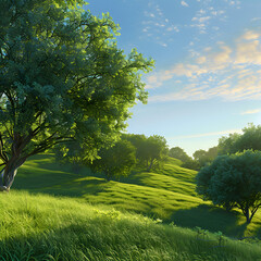 3D Grassy Landscape with Green Leaves,
Trees and grass on a background for desktop
