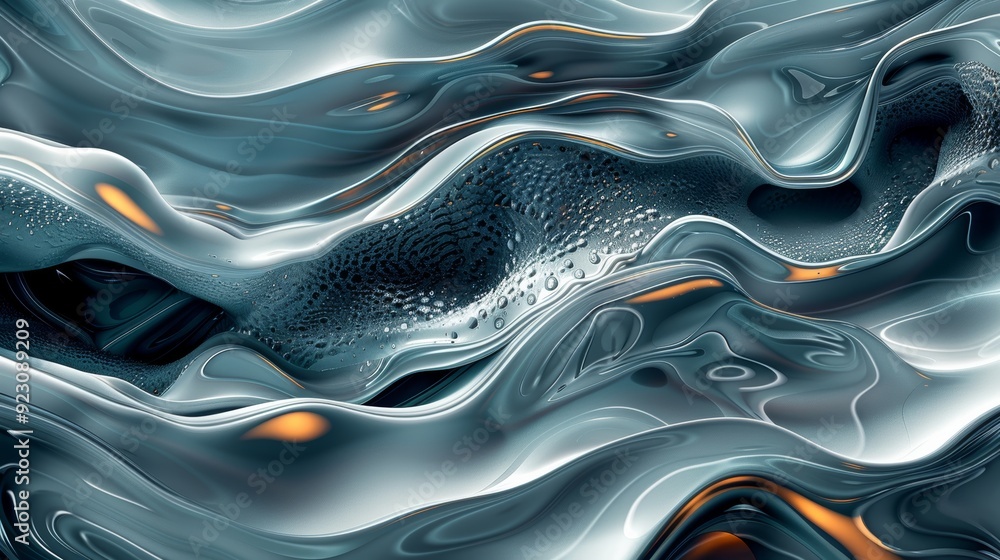 Poster abstract representation of flowing metallic waves with subtle textures and reflective surfaces