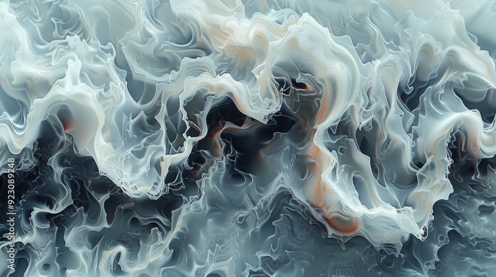 Poster abstract patterns of swirling gray and white textures with hints of color in a dynamic design compos