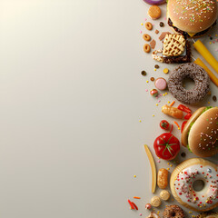 A bunch of doughnuts with sprinkles on them,
3d rendered photos of simple layout layer of baking with baking ingredients empty space for text

