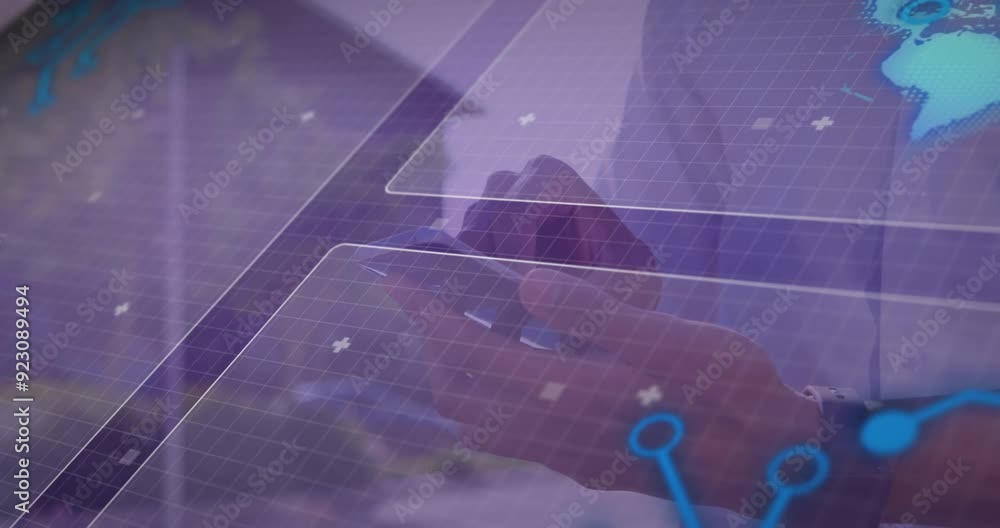 Poster using smartphone, person interacting with digital interface over grid background