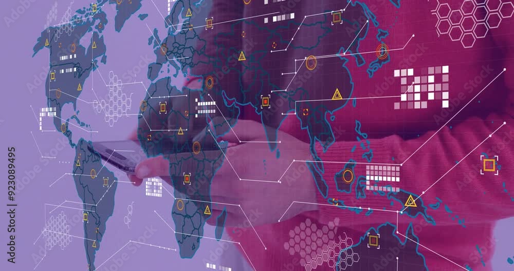 Poster global network and data analysis animation over person using smartphone