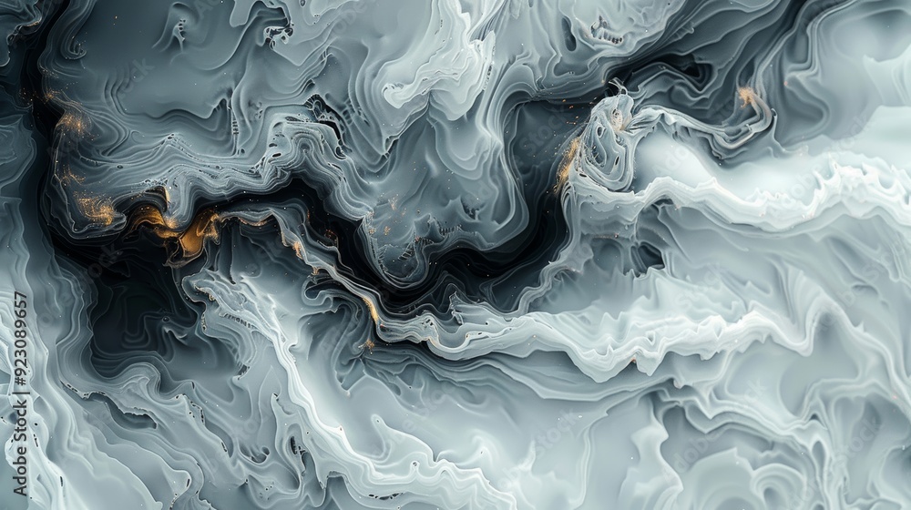 Poster abstract swirling patterns in gray and white with golden accents create a mesmerizing design