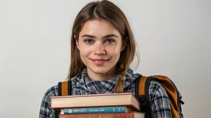 Young woman with books and backpack on white background