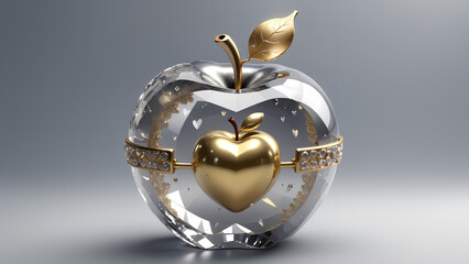 lots of solid and outlined gold and silver heart symbols inside an apple made of crystal