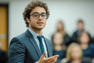 Young Professional in Business Suit Delivering an Inspiring Speech to a Captivated Audience in a Modern Conference Room with High-Resolution Nikon D850 Camera
