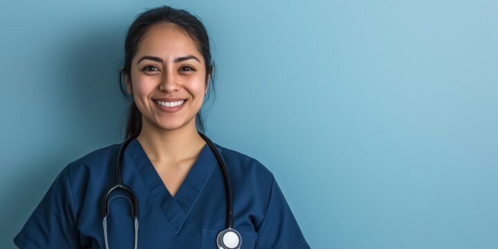 Young adult hispanic doctor wearing scrubs and a stethoscope smiling on a blue background