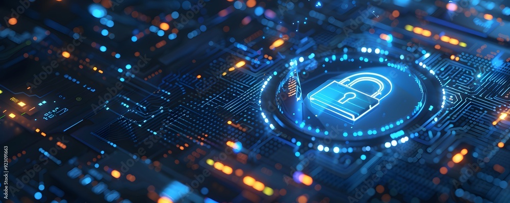 Poster digital security lock symbol on a circuit board