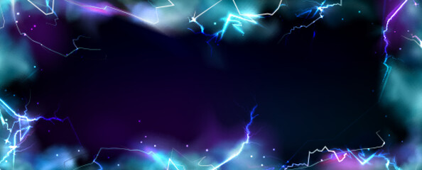 Color lightning frame isolated on black background. Vector realistic illustration of thunderbolt border with blurred fog effect, neon flash cracks for nightclub banner design, magic power strike © klyaksun