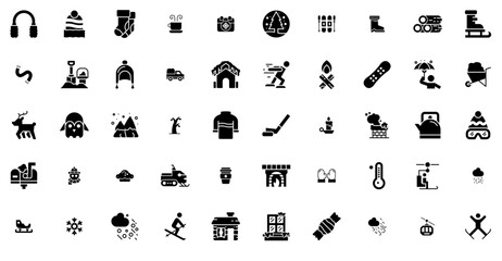 A Collection Of Winter Glyph Isolated Silhouette Solid Icons With Ski,Christmas,Winter,Rain,Snow Outline Icons Collection. Simple Vector Illustration