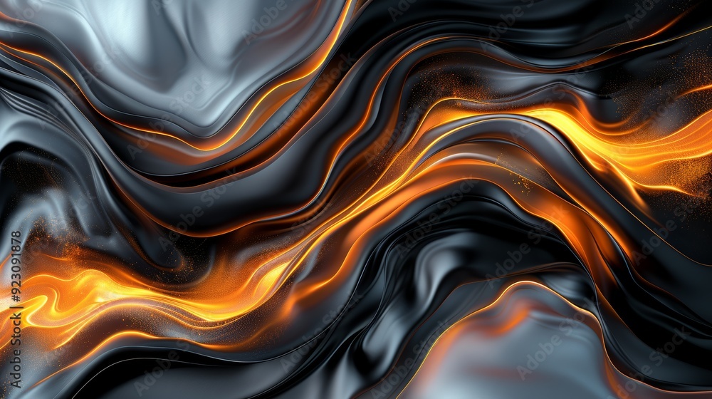 Poster abstract swirling pattern of black, silver, and fiery orange colors creating a dynamic texture