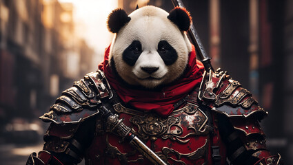  panda wearing armor. It has a red scarf and a golden helmet.
