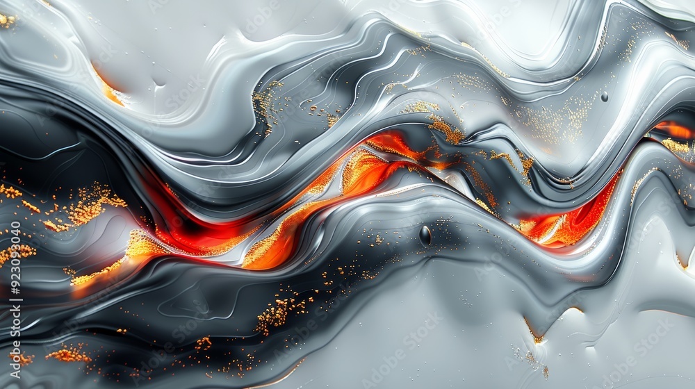 Poster Abstract swirling patterns in gray and orange hues resembling flowing lava on a metallic surface