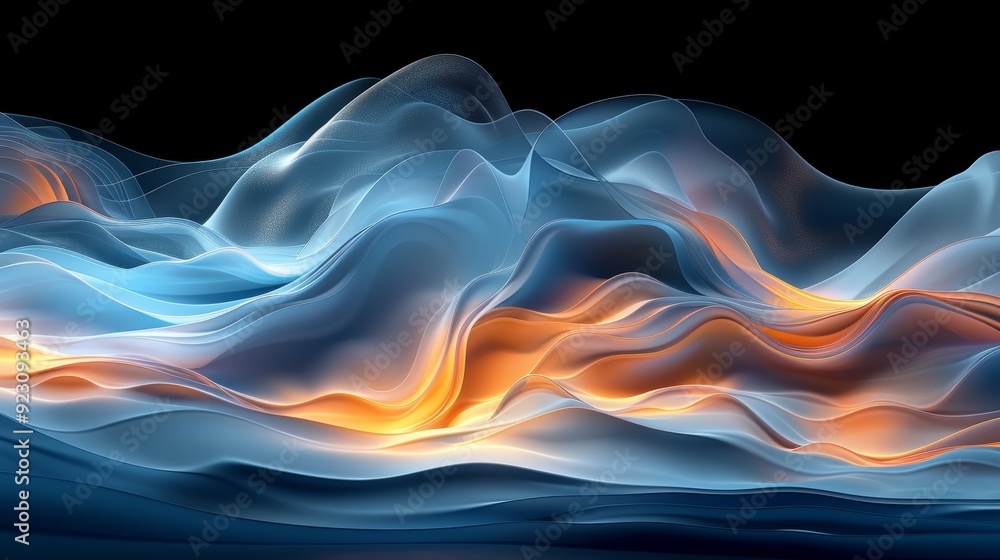 Poster colorful abstract waves flowing in a dark space, resembling fluid motion and dynamic forms